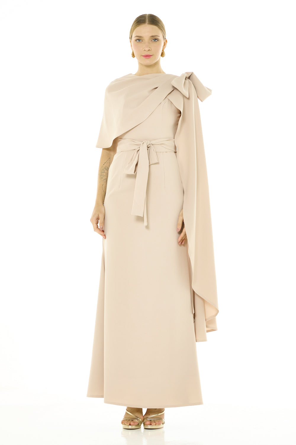 Sculpted Cape Overlay Evening Gown