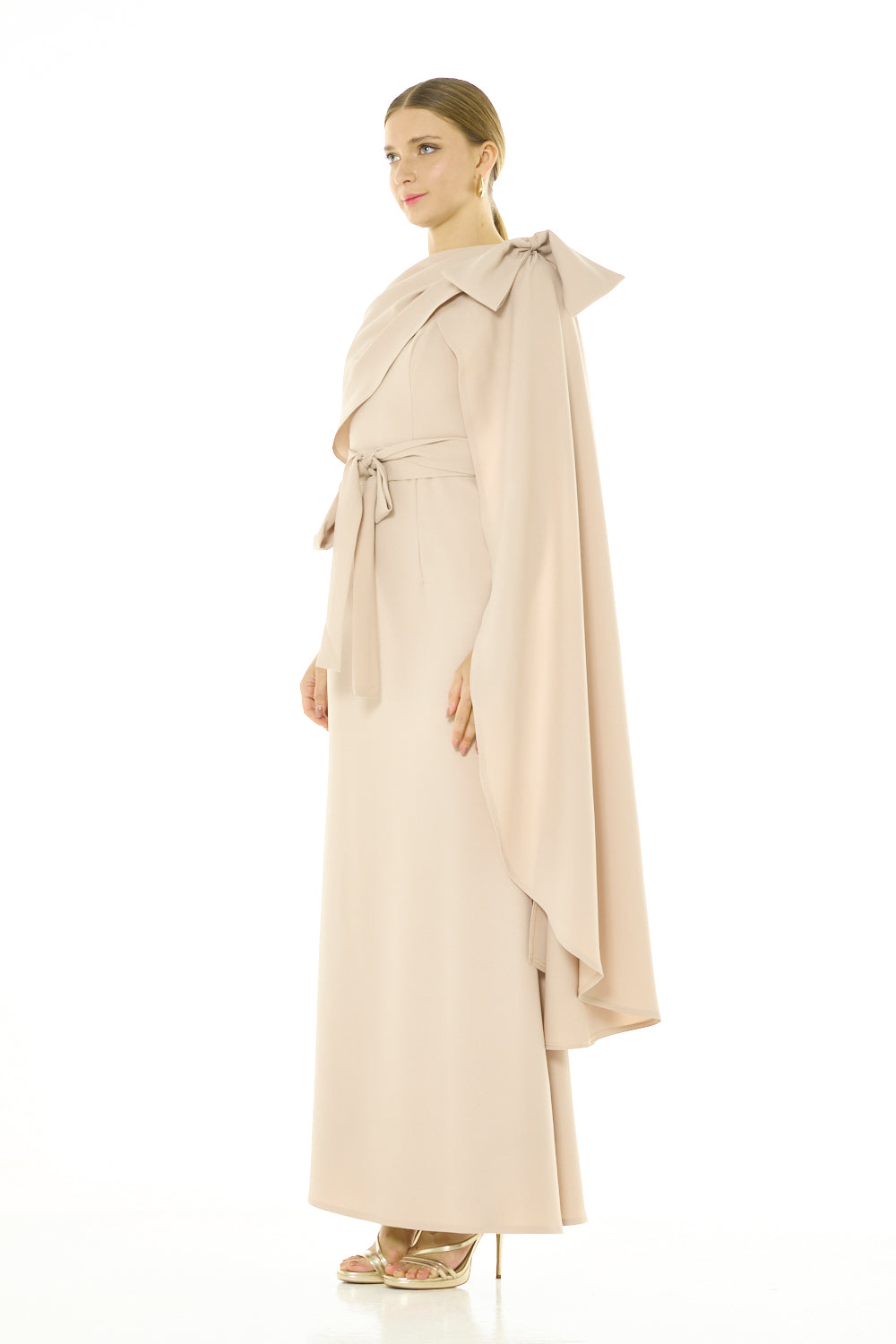 Sculpted Cape Overlay Evening Gown