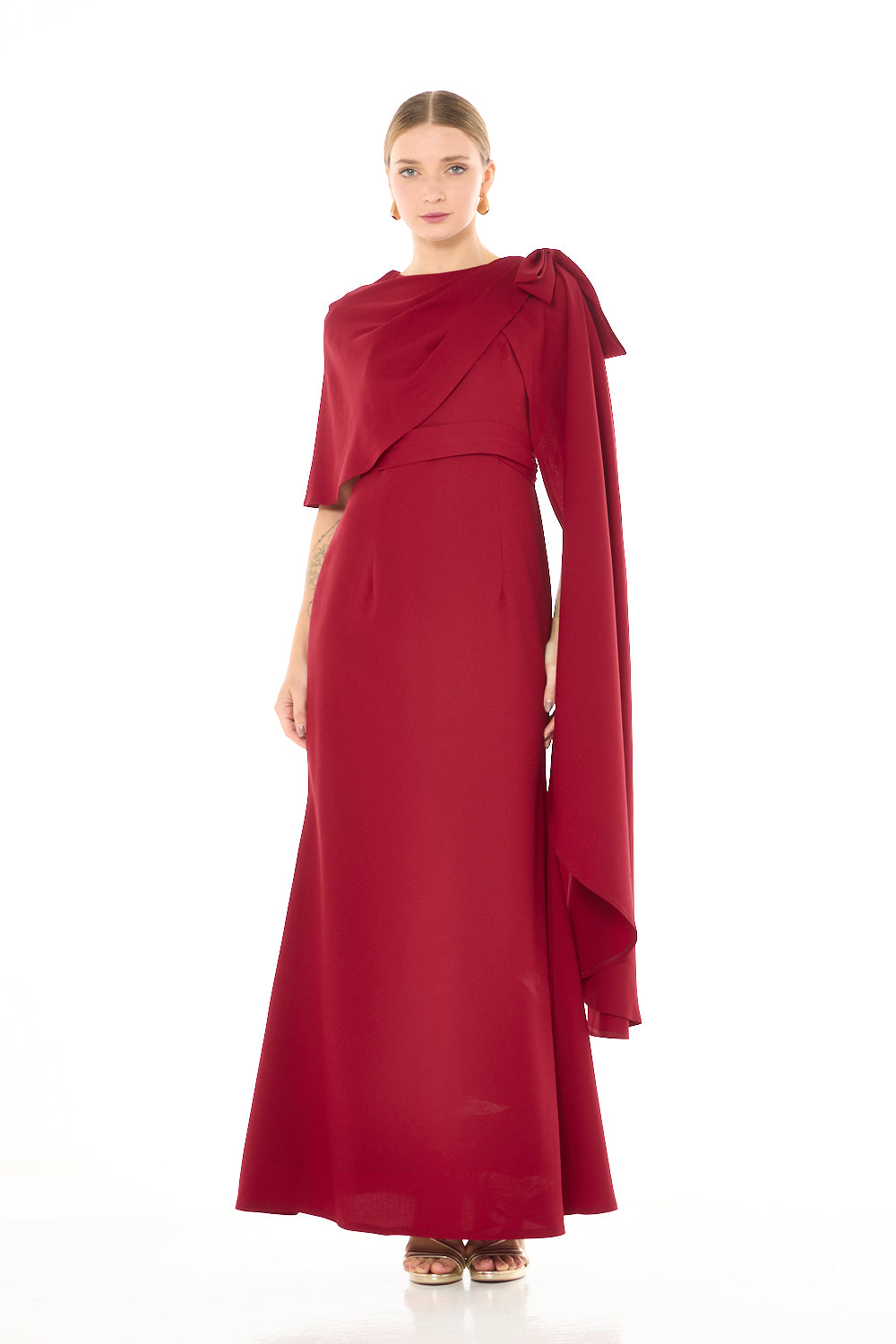 Sculpted Cape Overlay Evening Gown