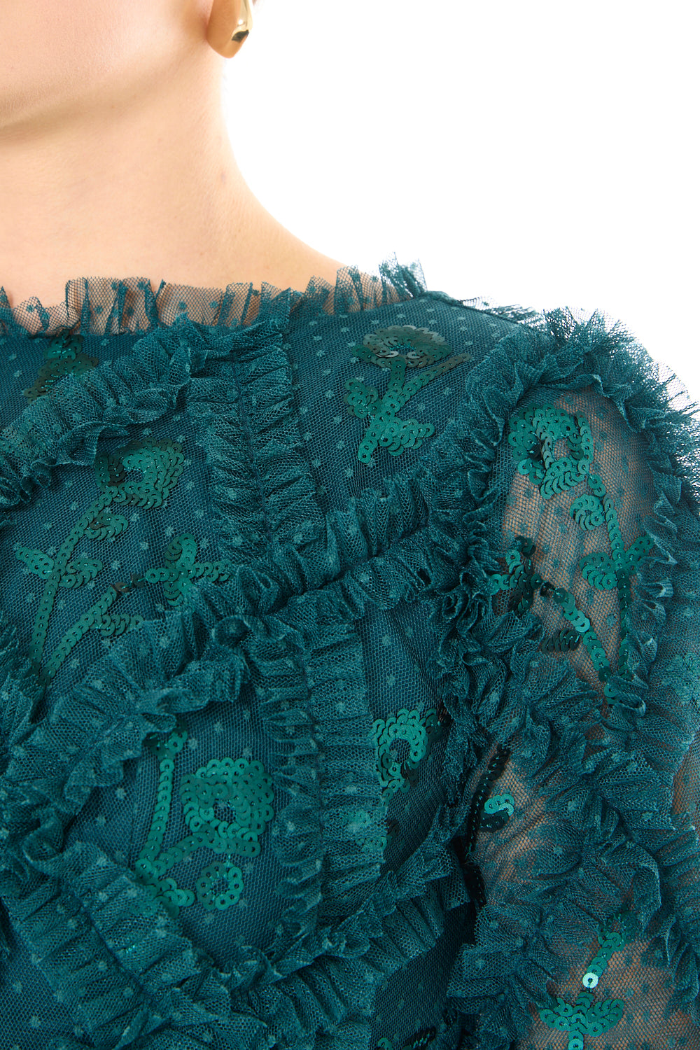 Ruffle Textured Embellished Long Sleeve Gown