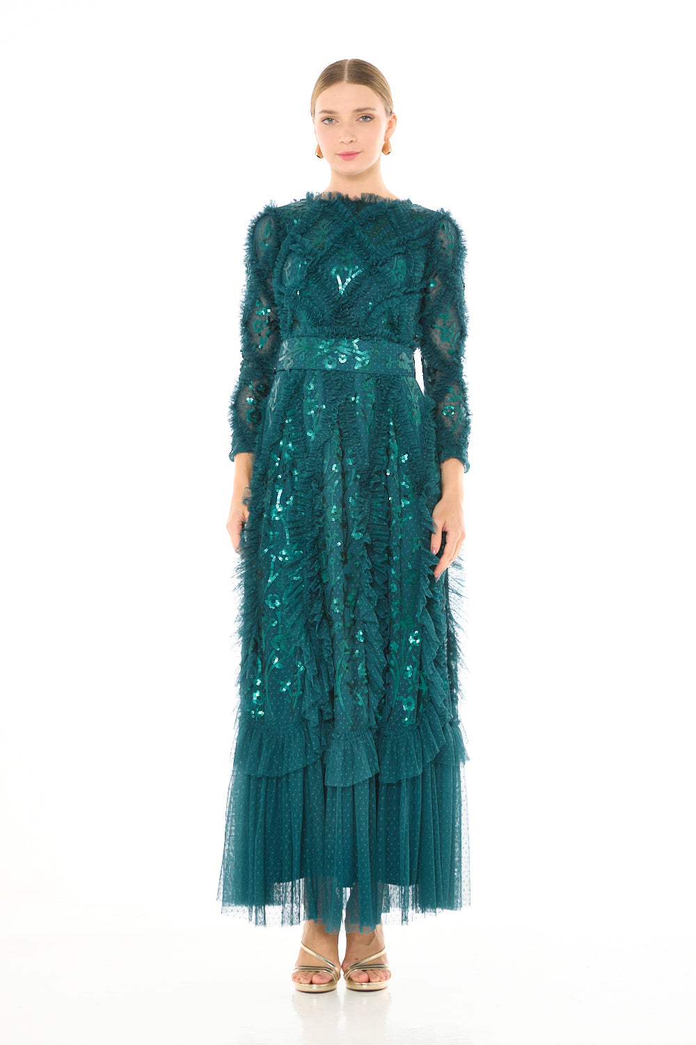 Ruffle Textured Embellished Long Sleeve Gown