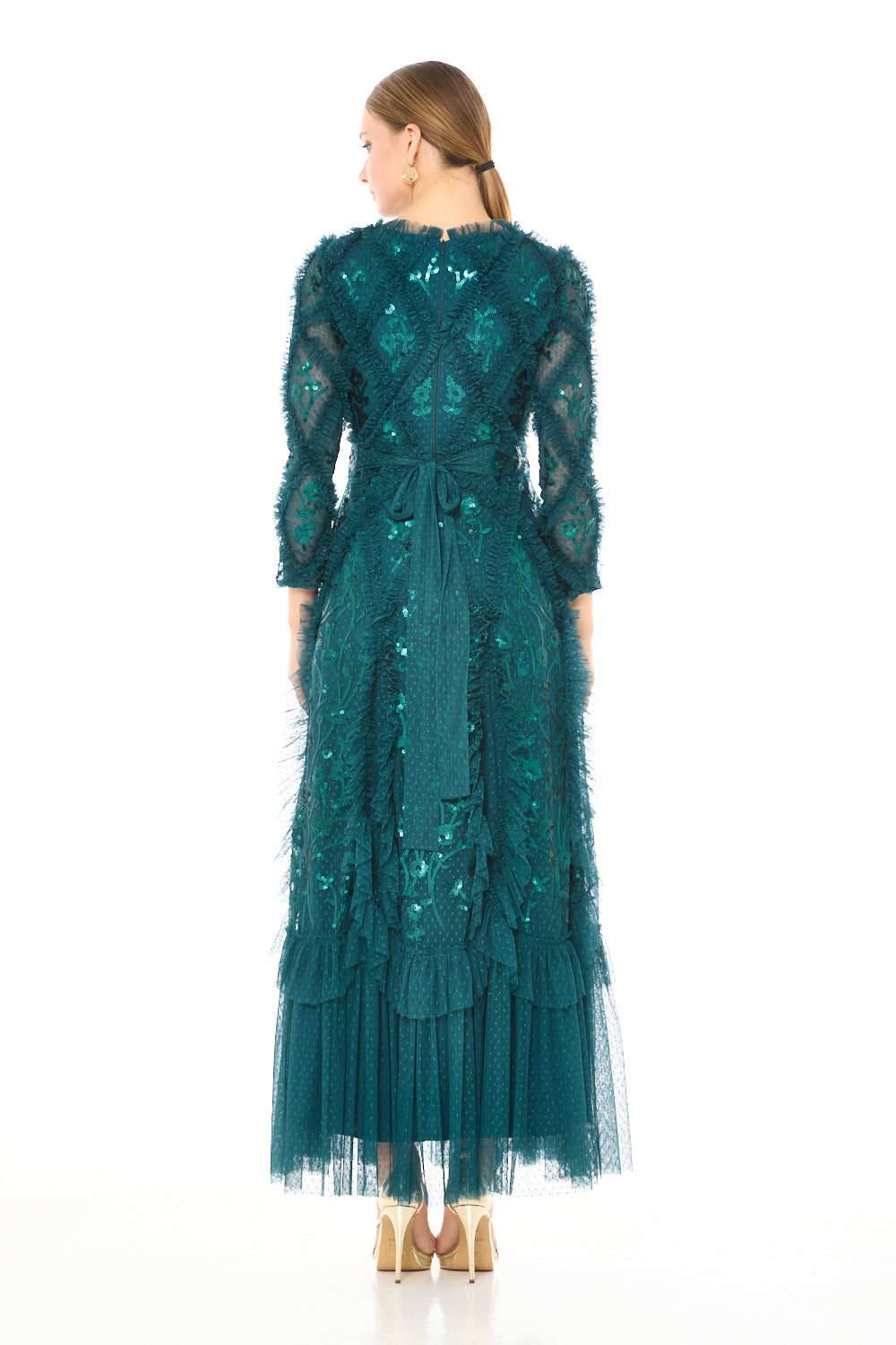 Ruffle Textured Embellished Long Sleeve Gown