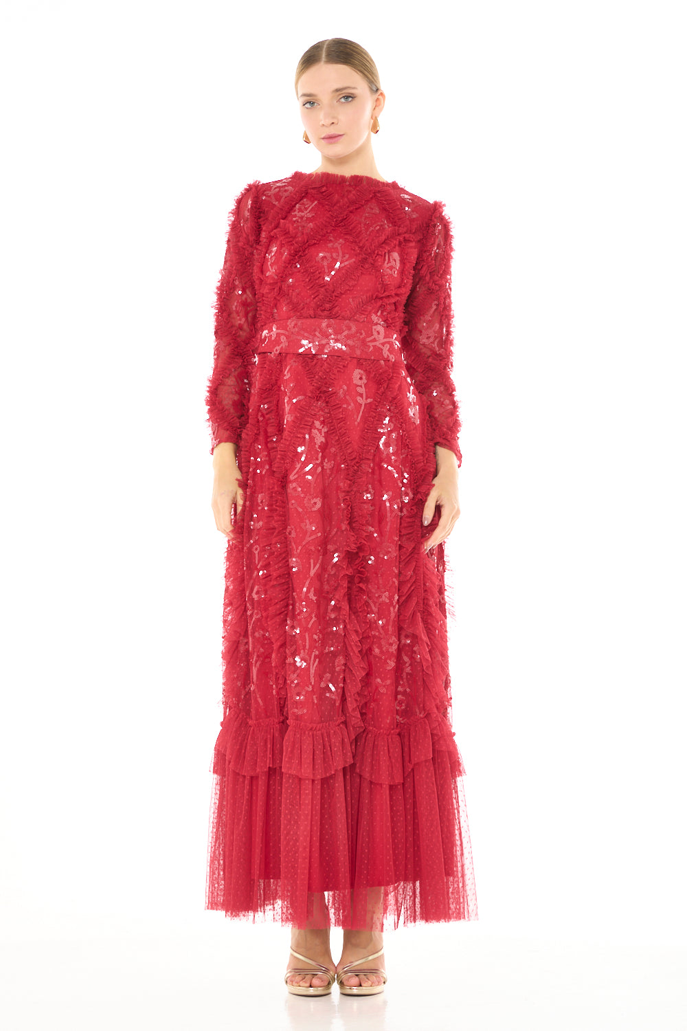 Ruffle Textured Embellished Long Sleeve Gown