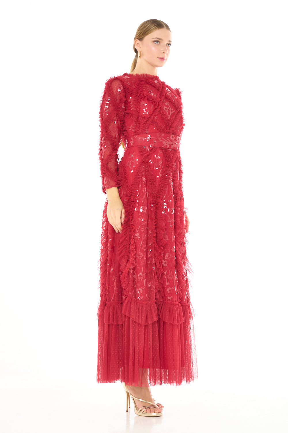 Ruffle Textured Embellished Long Sleeve Gown