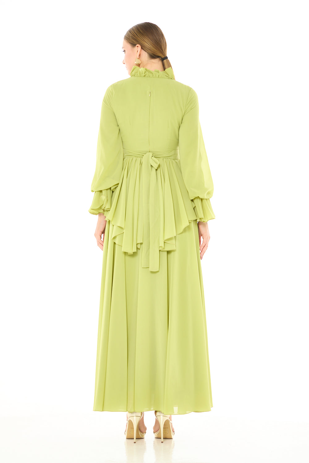 Ruffled Neck Embellished Wrap Gown