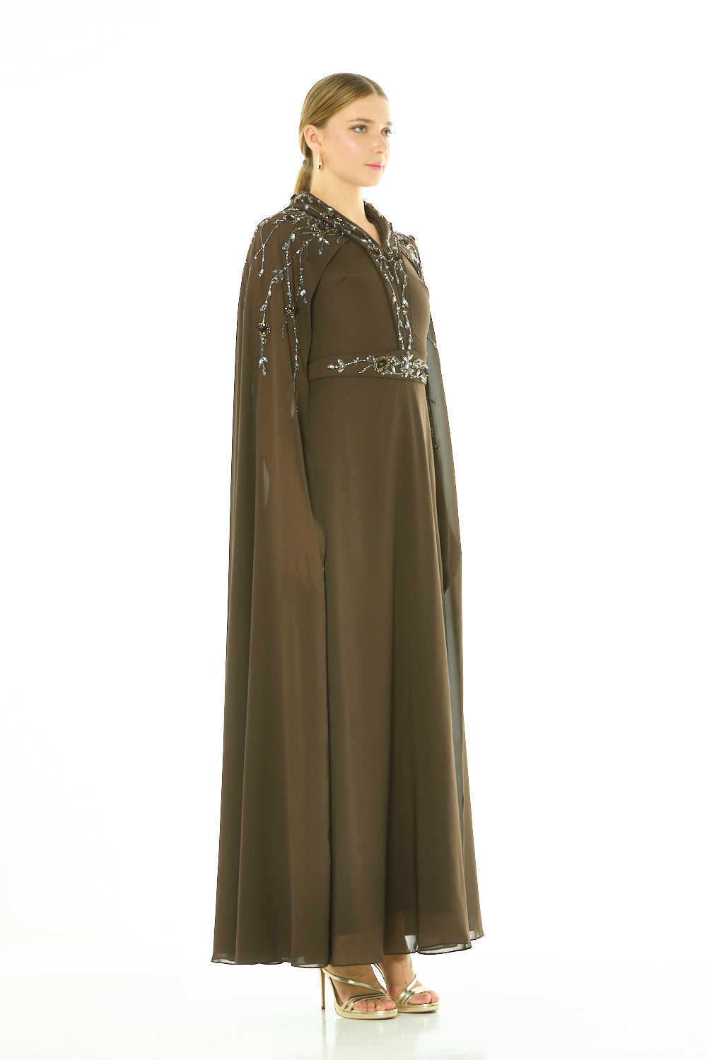 Beaded Cape-Style Maxi Dress