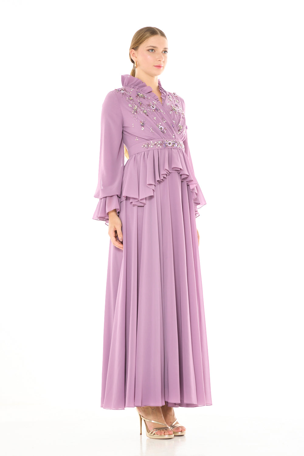 Ruffled Neck Embellished Wrap Gown