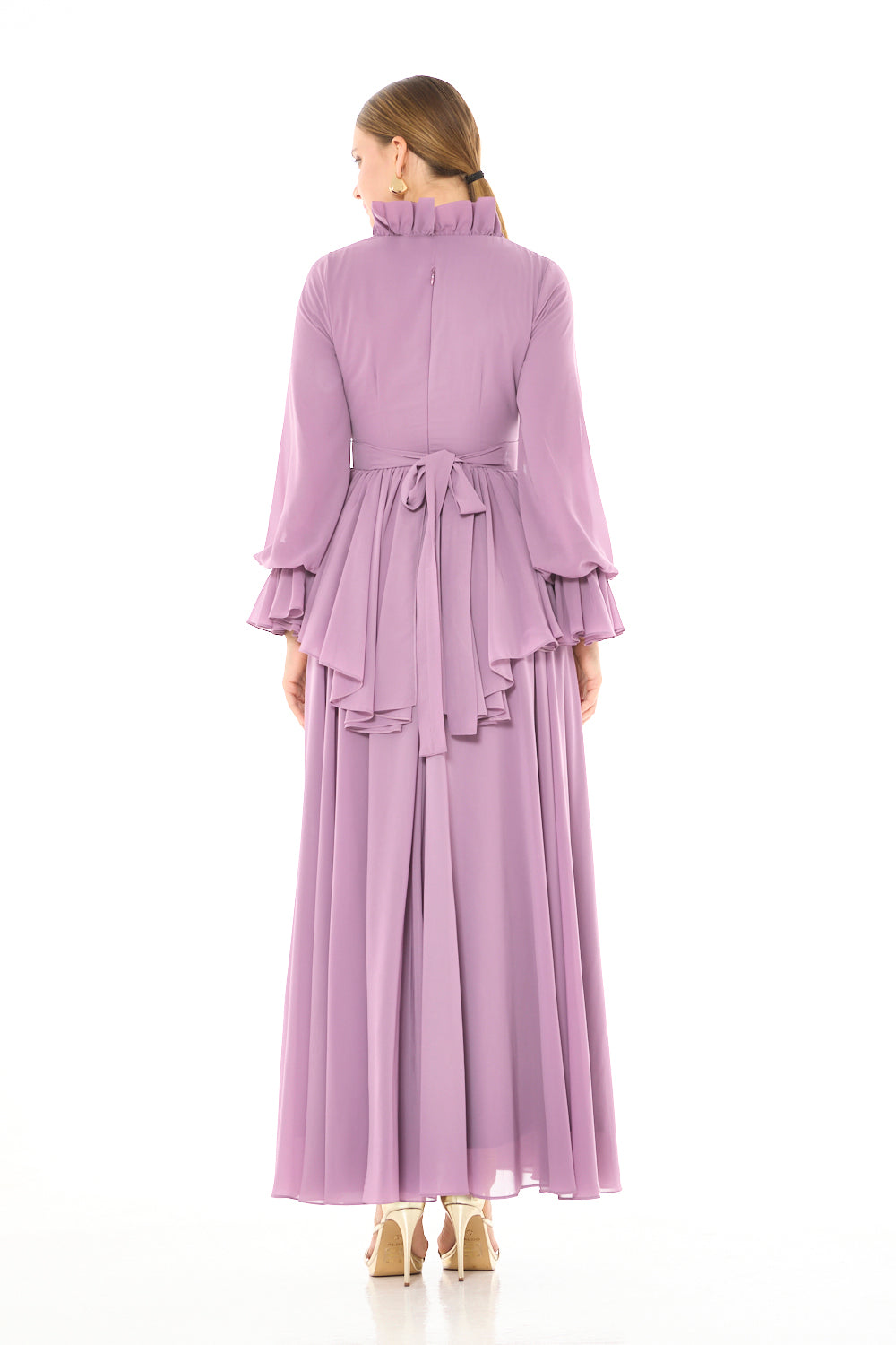 Ruffled Neck Embellished Wrap Gown