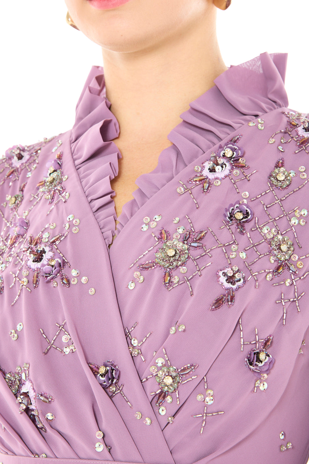 Ruffled Neck Embellished Wrap Gown