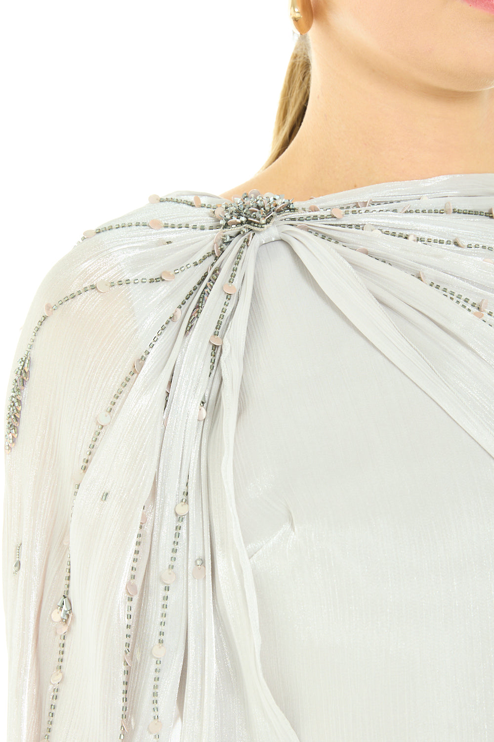 Embellished Draped Cape Gown