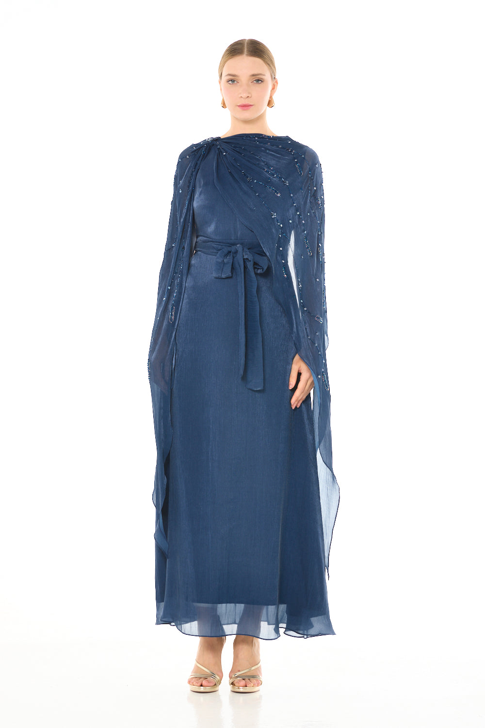 Embellished Draped Cape Gown