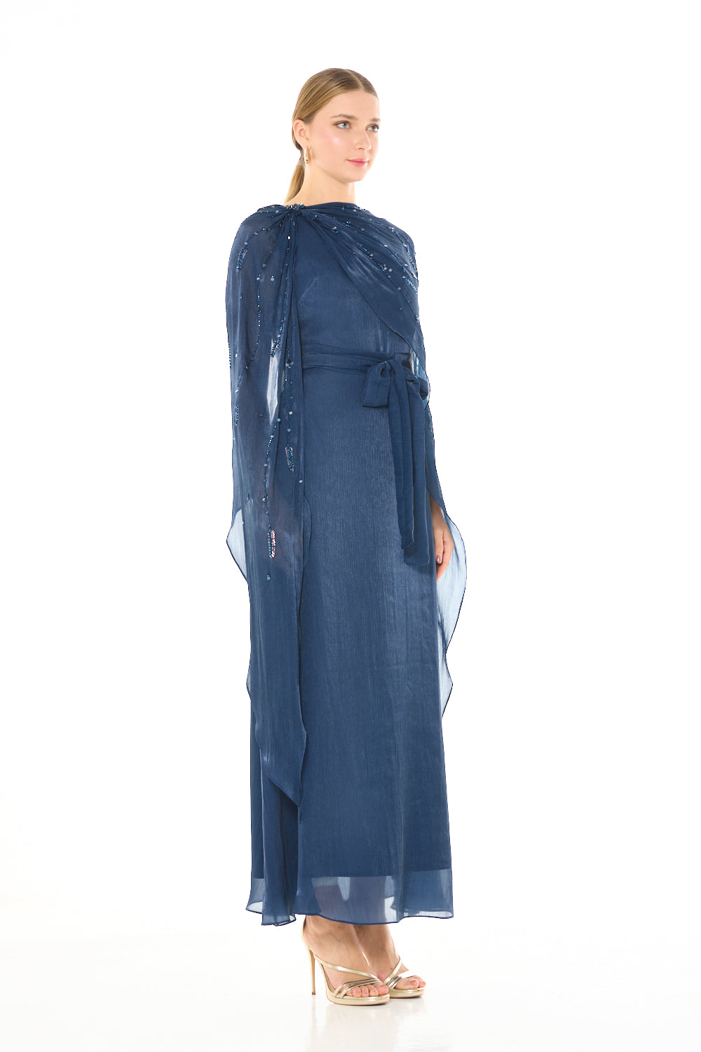 Embellished Draped Cape Gown