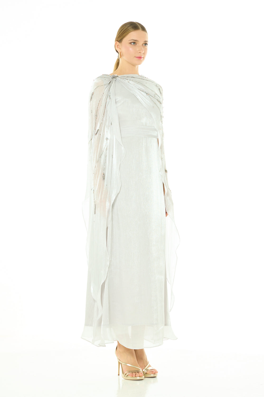 Embellished Draped Cape Gown