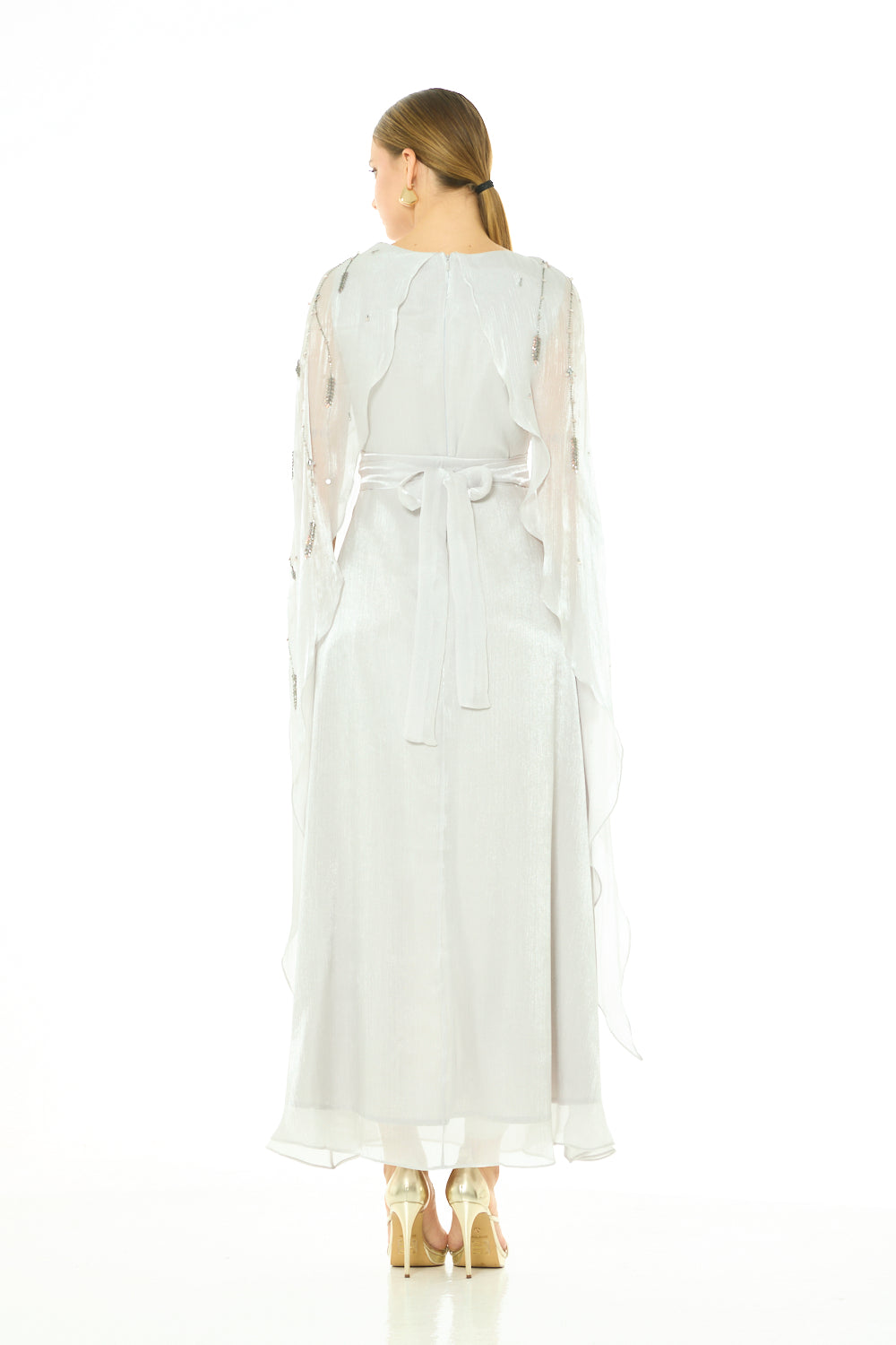 Embellished Draped Cape Gown