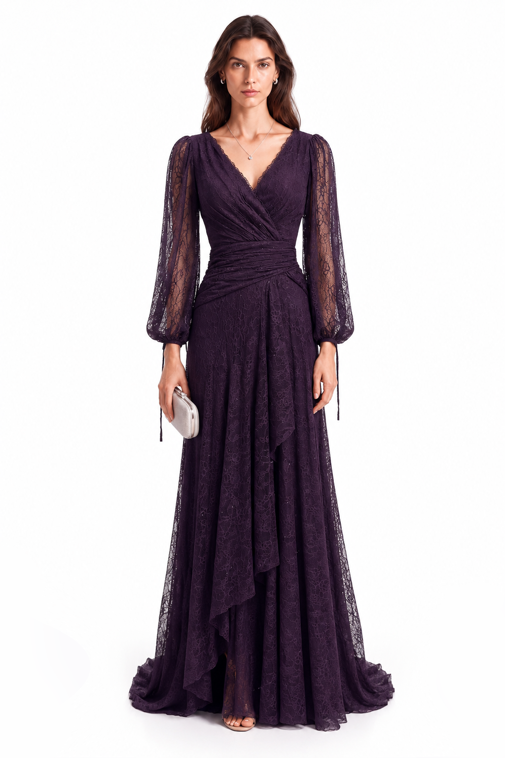 "Elara" Lace Wrap Gown with Draped Waist