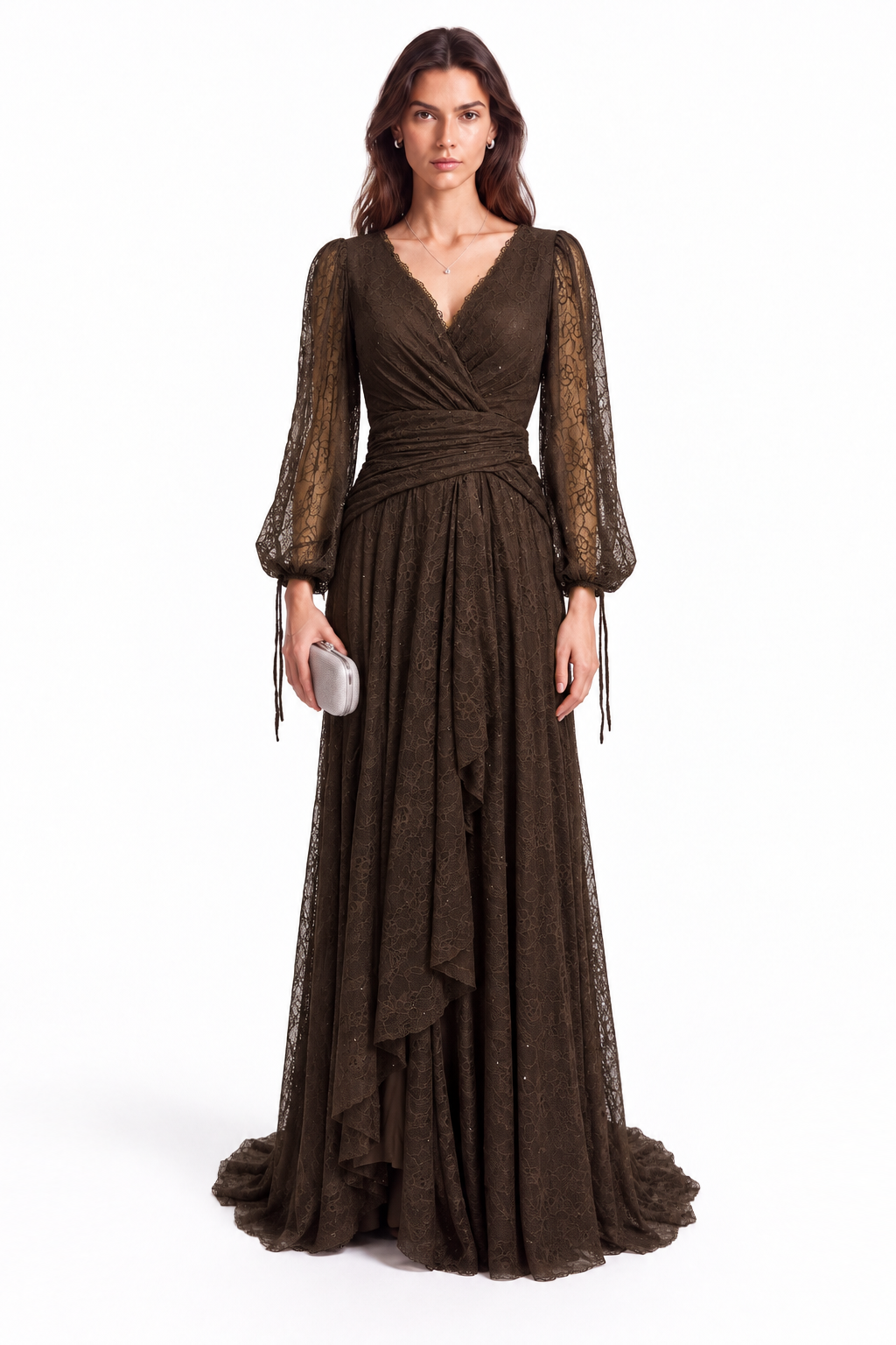 "Elara" Lace Wrap Gown with Draped Waist