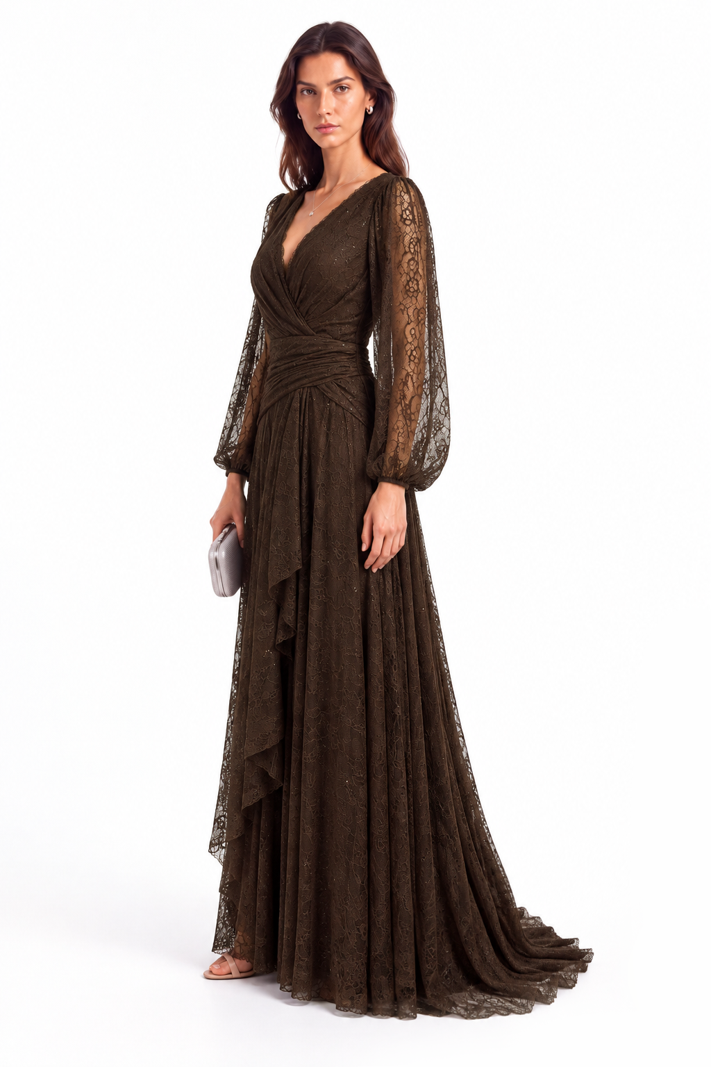 "Elara" Lace Wrap Gown with Draped Waist