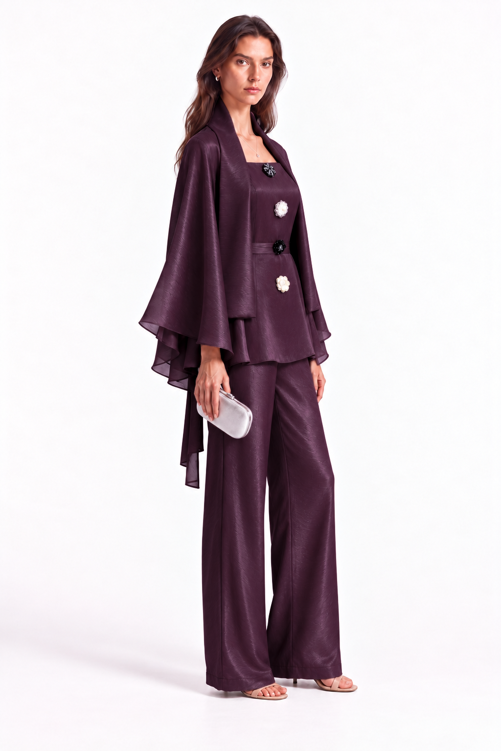 "Nina" Satin Square-Neck Cape Sleeve Style Set