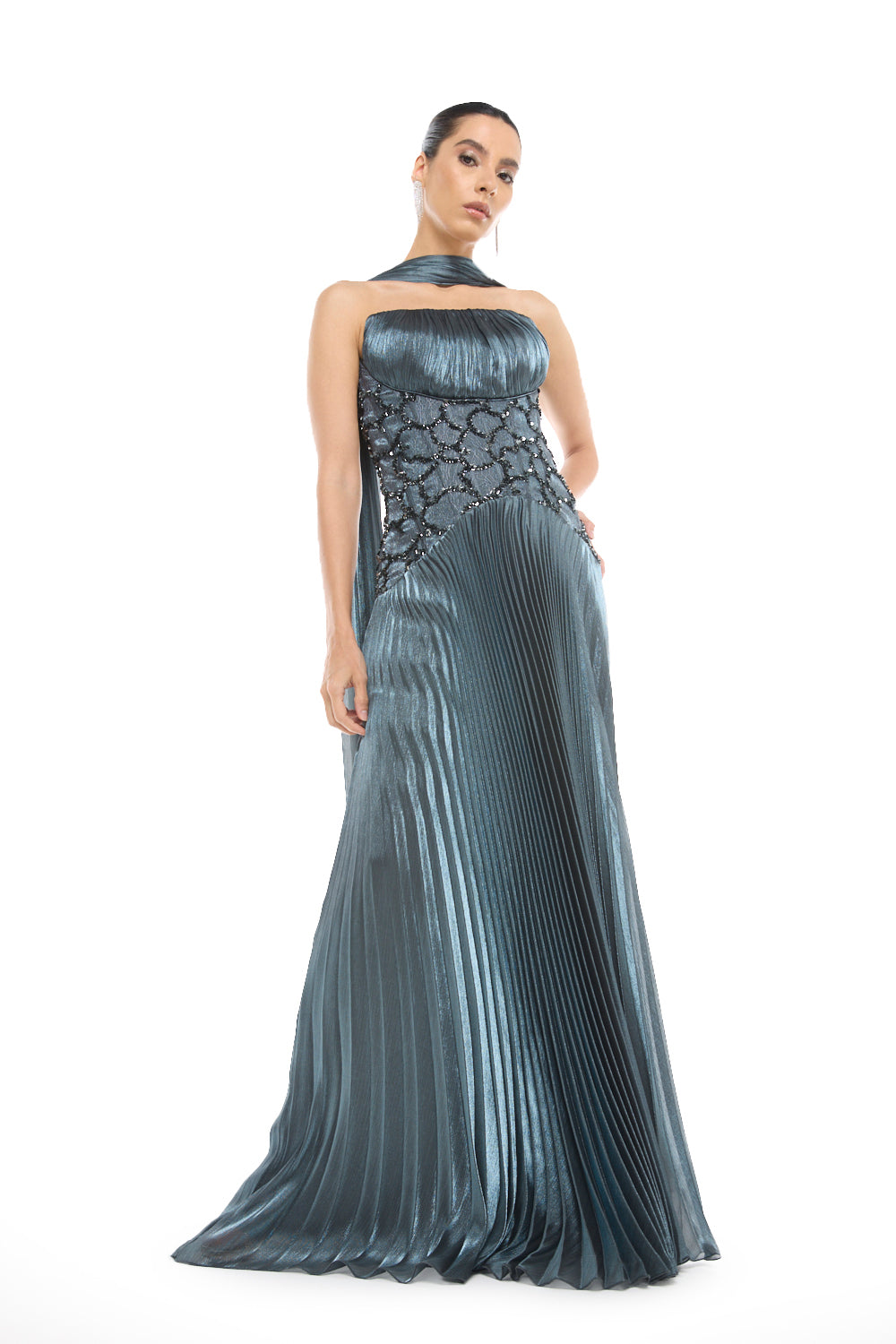 Pleated Halter Overlay Gown