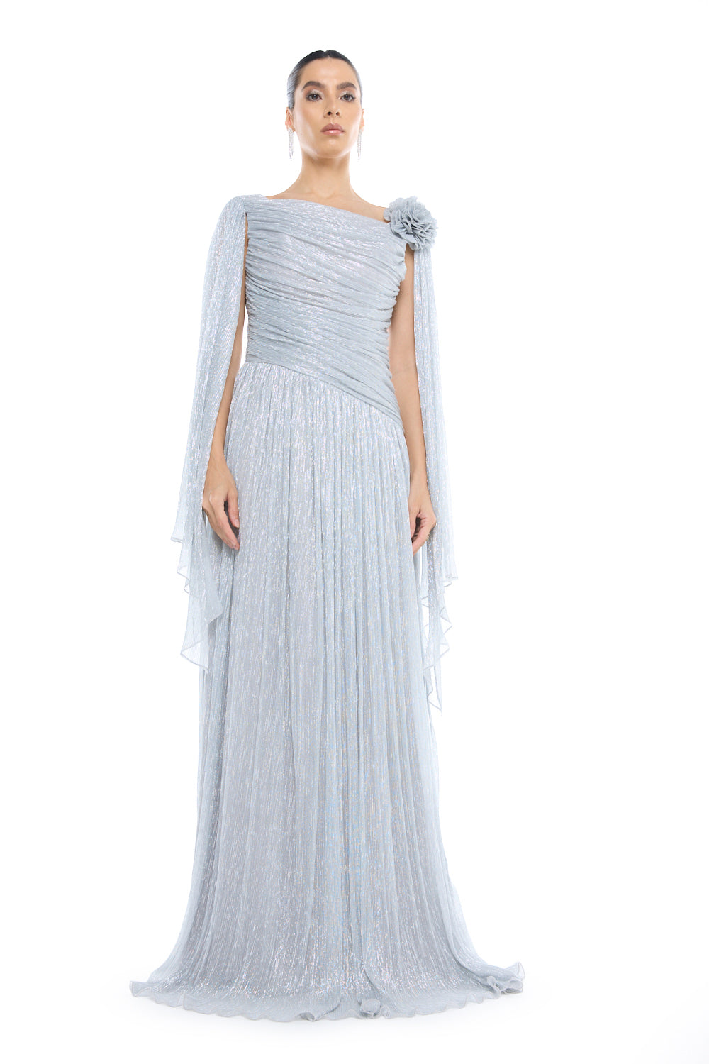 One-Shoulder Cape Pleated Gown