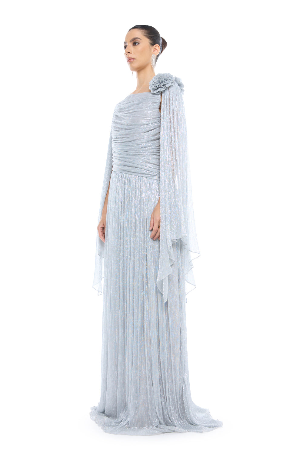 One-Shoulder Cape Pleated Gown