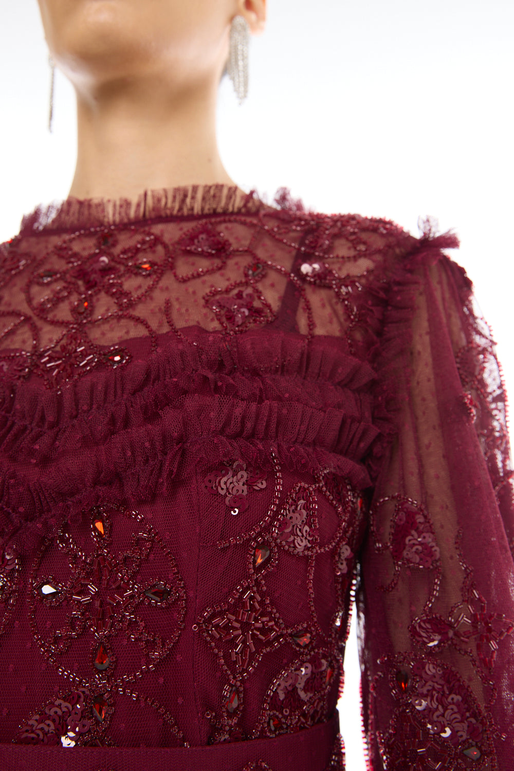 Tiered Embellished Mesh Gown