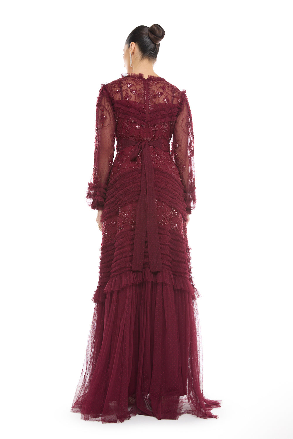 Tiered Embellished Mesh Gown