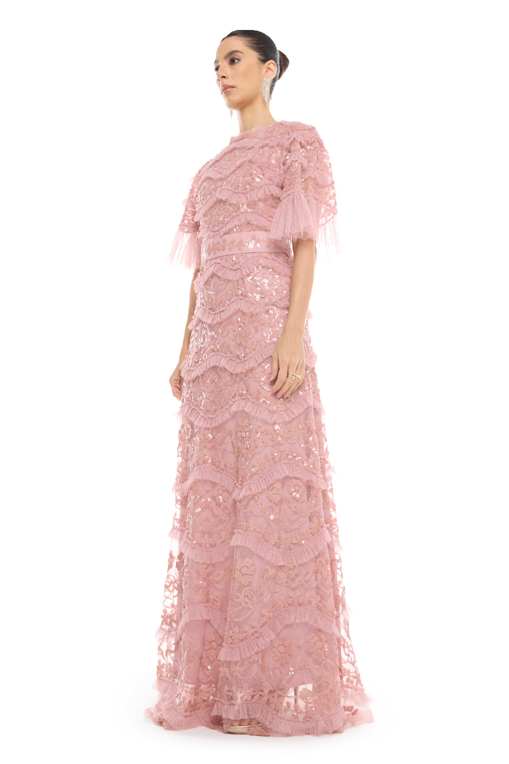 Tiered Embellished Lace Gown
