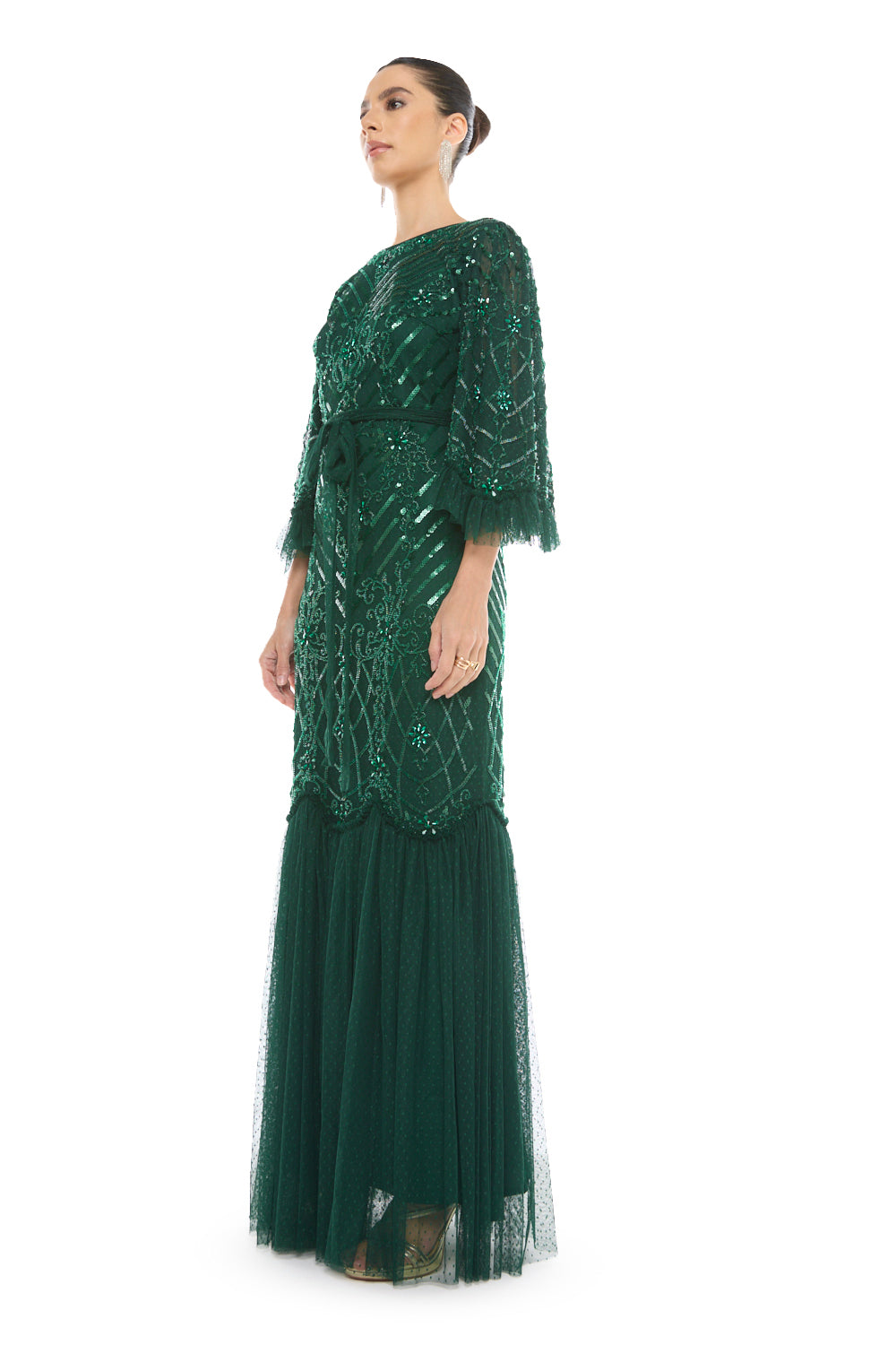 Fringed Overlay Pleated Gown