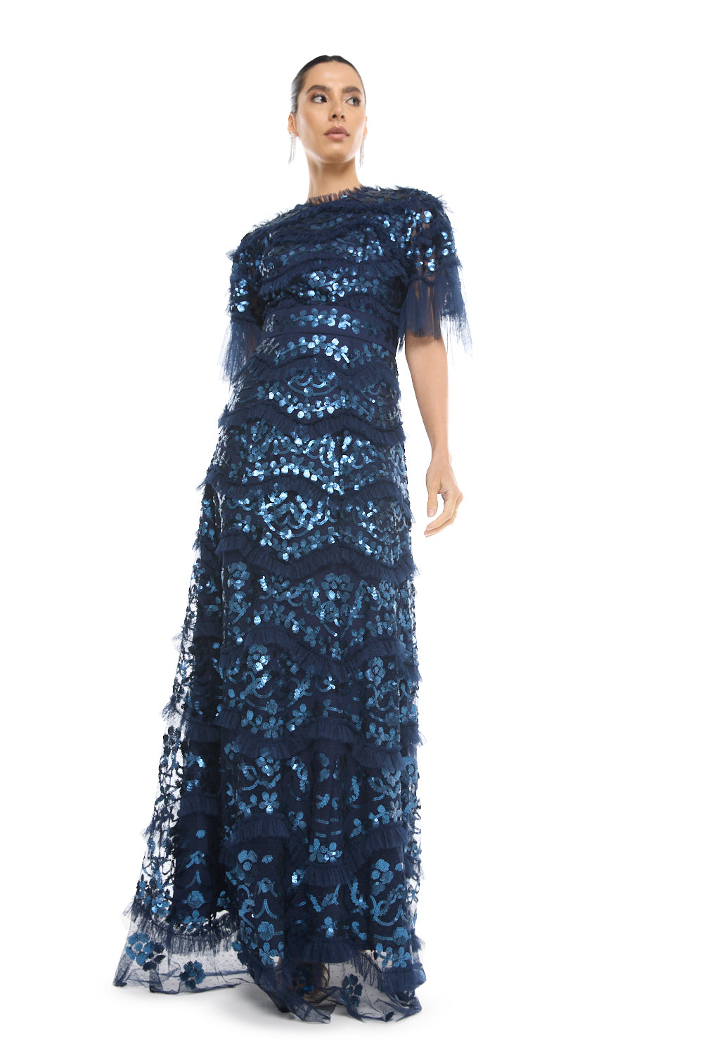 Tiered Embellished Lace Gown