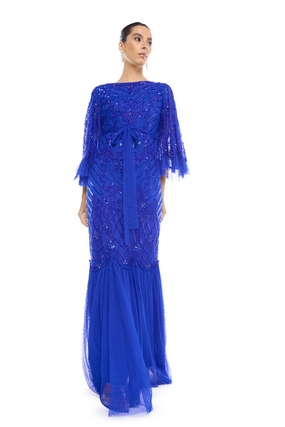 Fringed Overlay Pleated Gown