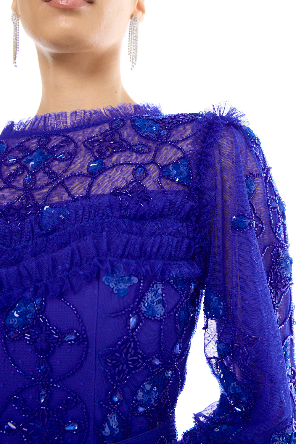 Tiered Embellished Mesh Gown