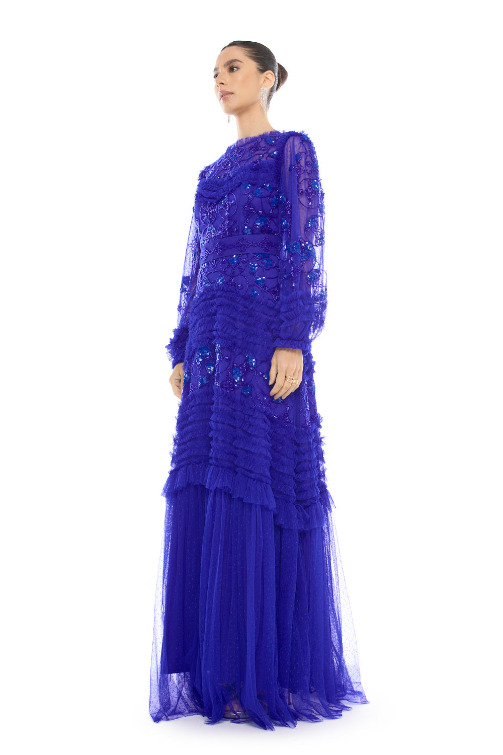 Tiered Embellished Mesh Gown