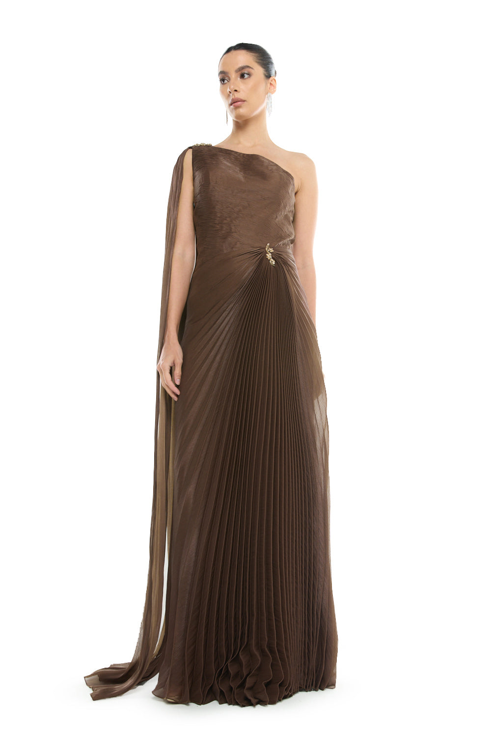 One-Shoulder Pleated Cape Gown