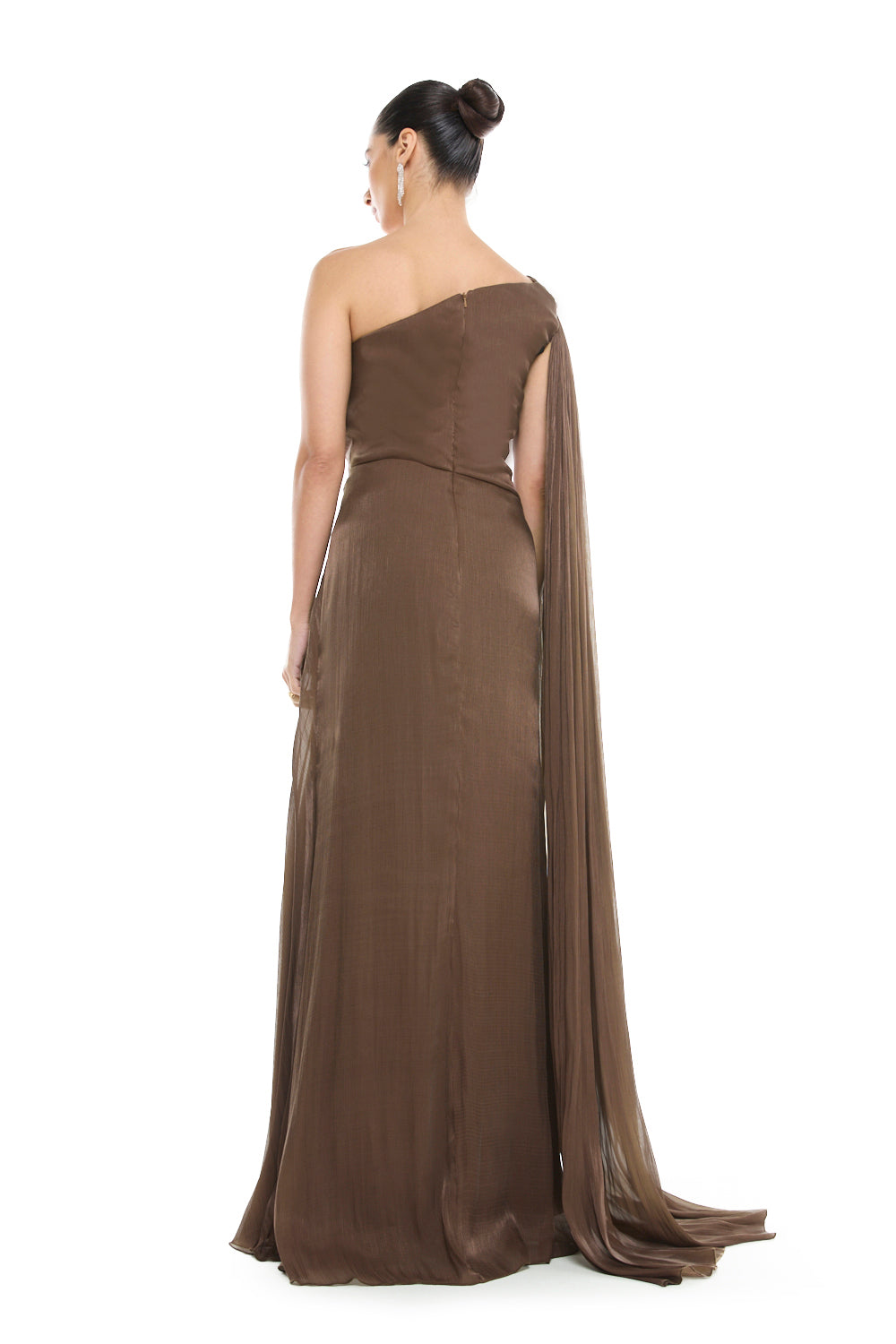 One-Shoulder Pleated Cape Gown