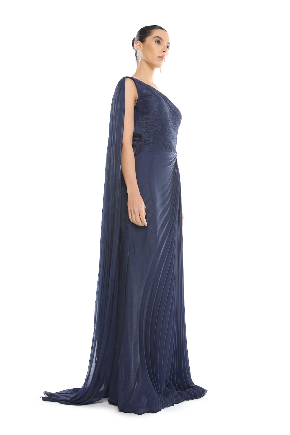 One-Shoulder Pleated Cape Gown