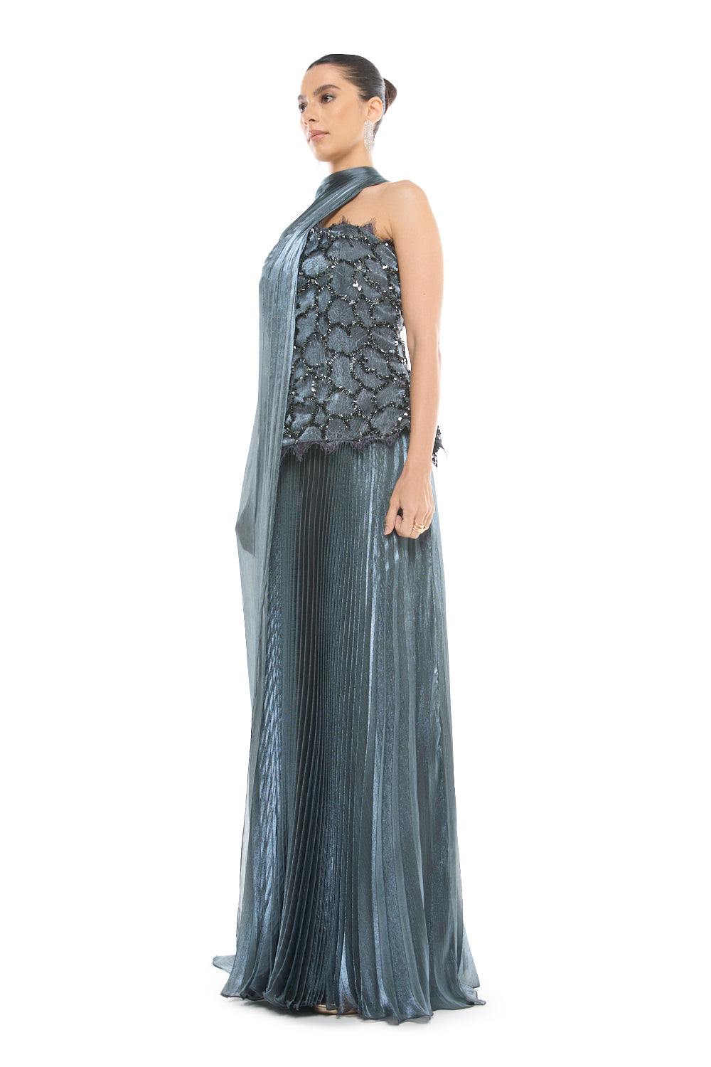 Asymmetric Cape Pleated Gown