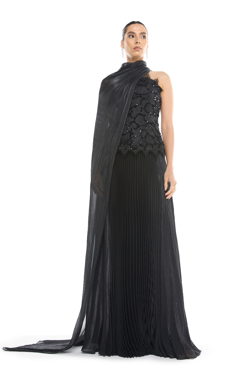 Asymmetric Cape Pleated Gown