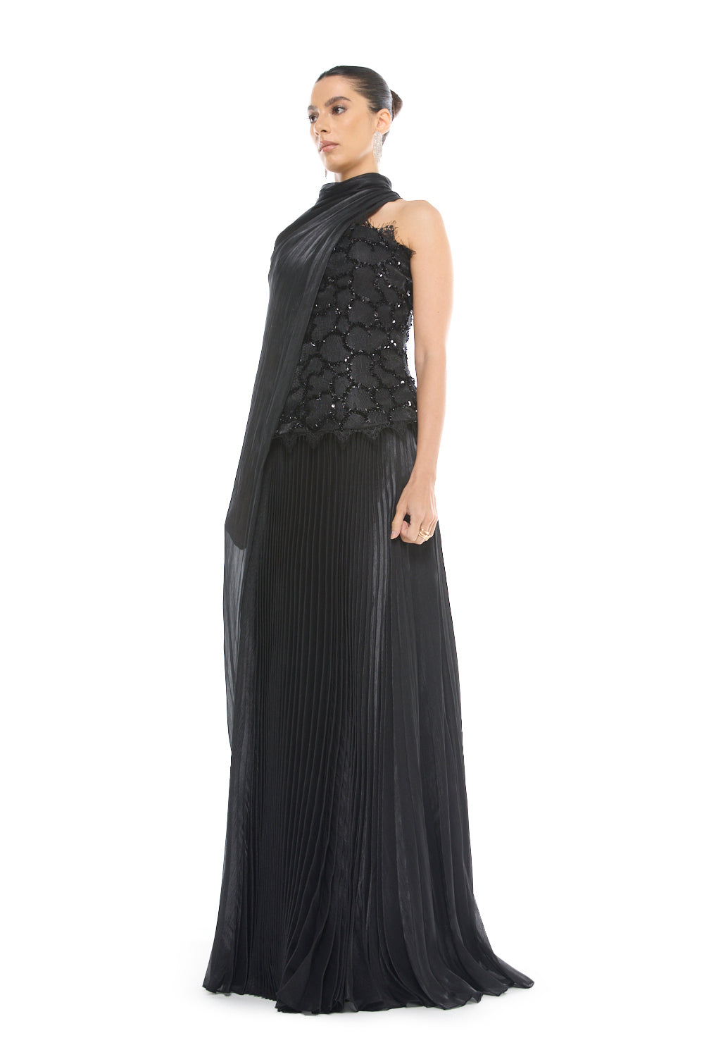 Asymmetric Cape Pleated Gown