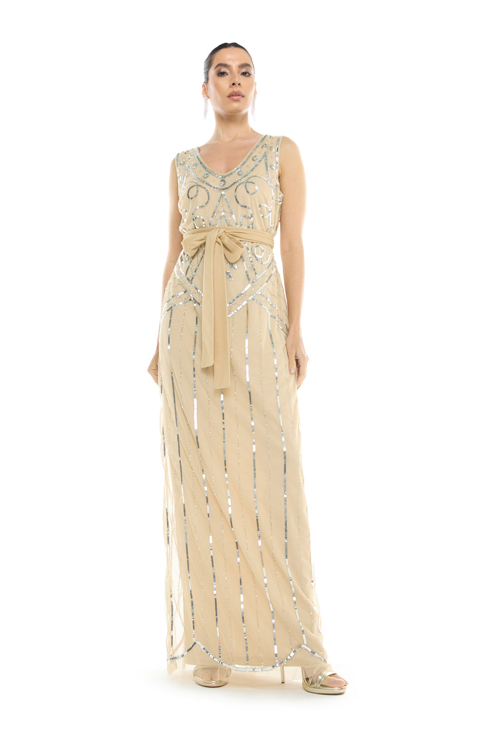 Embellished Belted Column Gown