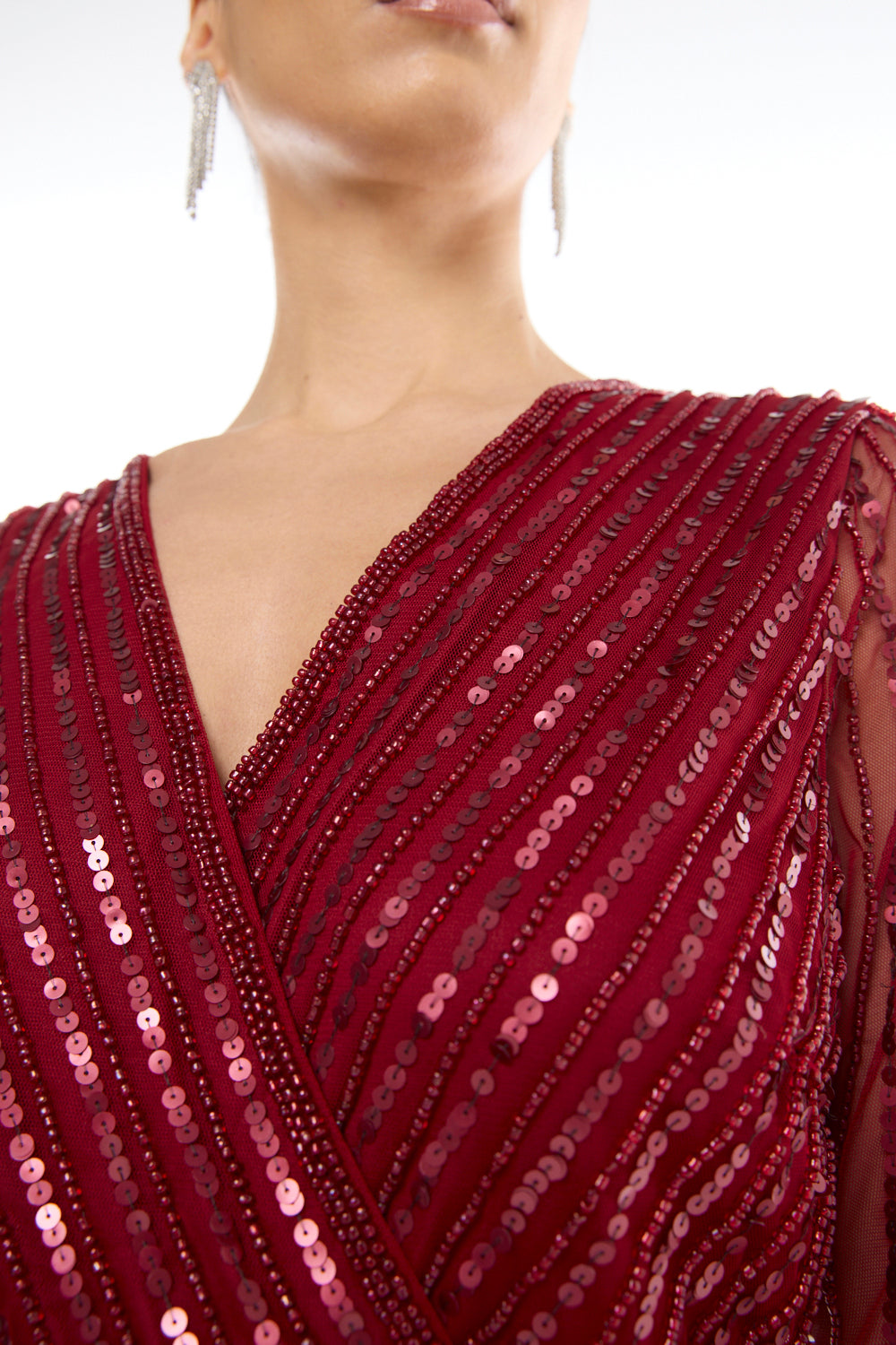 Sheer Sleeve Striped Sequin Gown