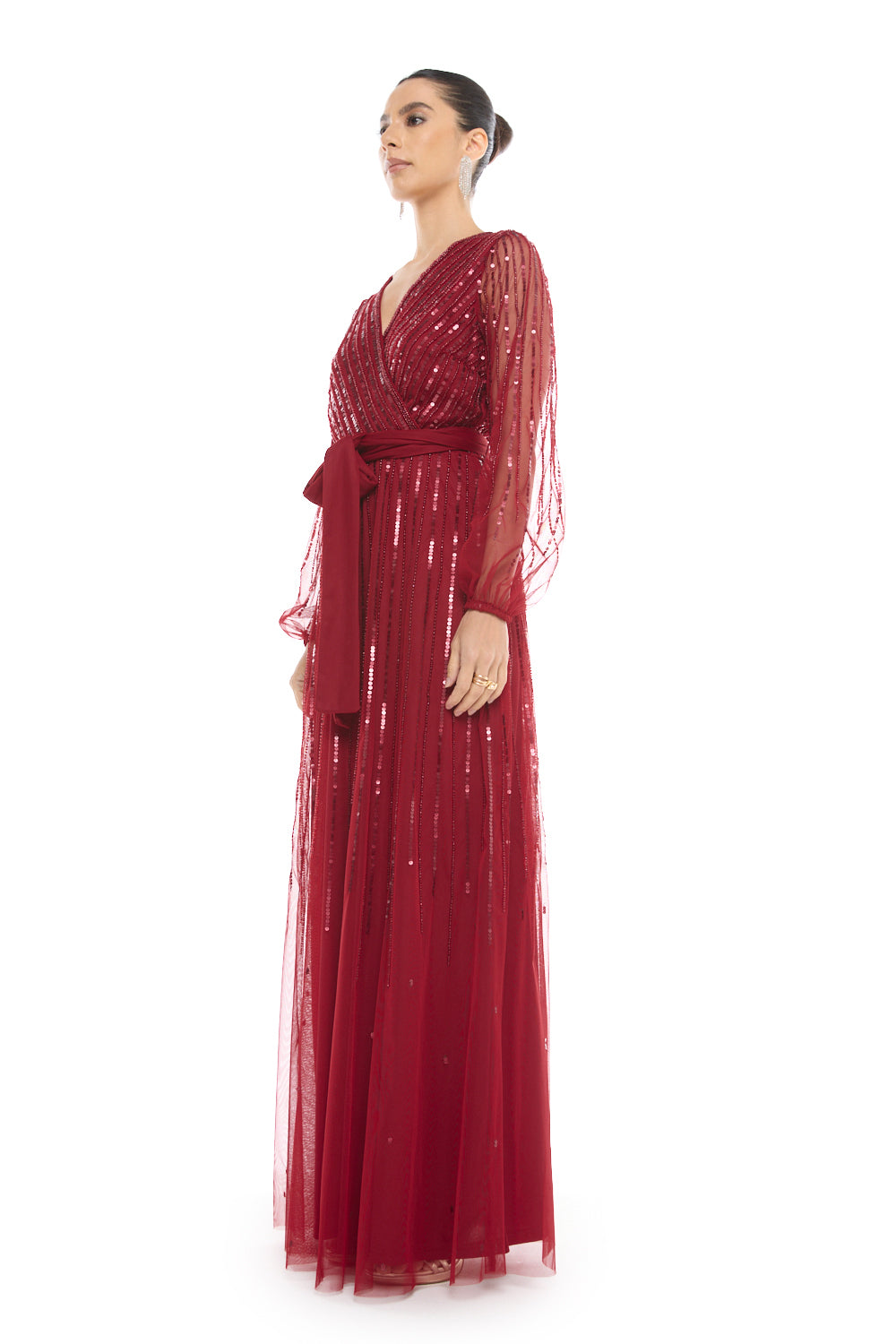 Sheer Sleeve Striped Sequin Gown