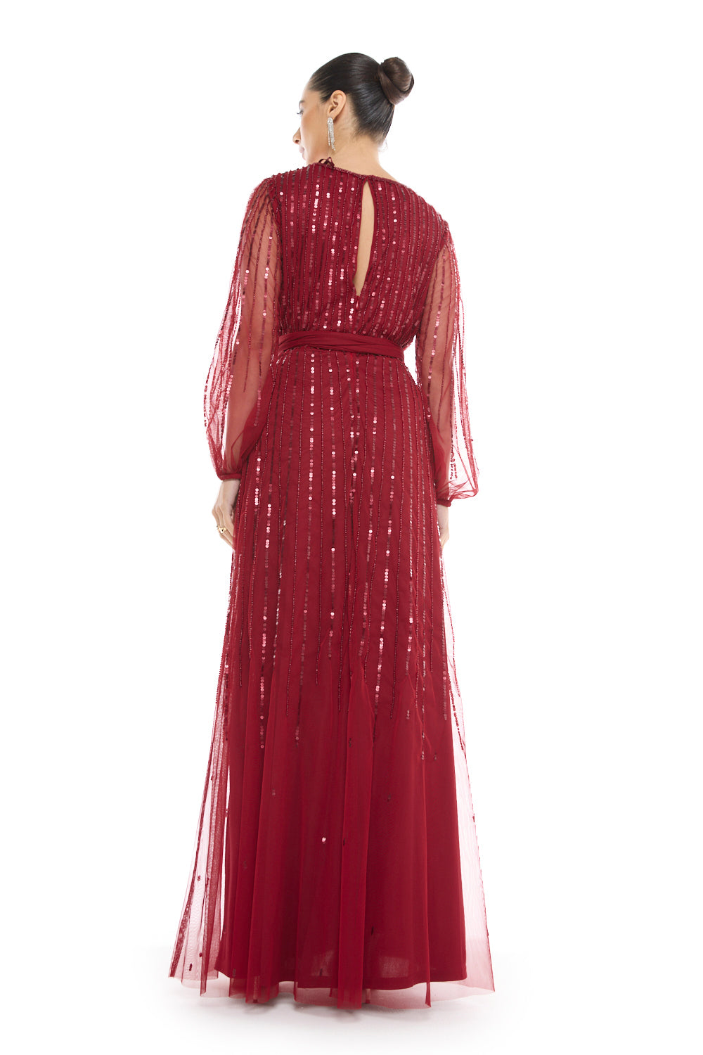 Sheer Sleeve Striped Sequin Gown