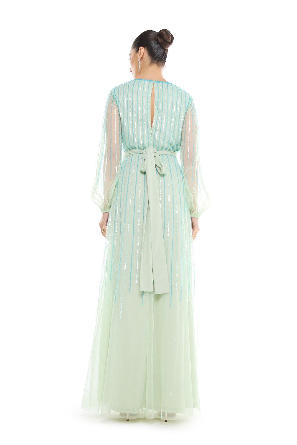 Sheer Sleeve Striped Sequin Gown