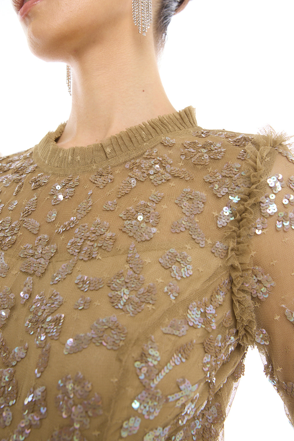 Tiered Embellished Mesh Gown