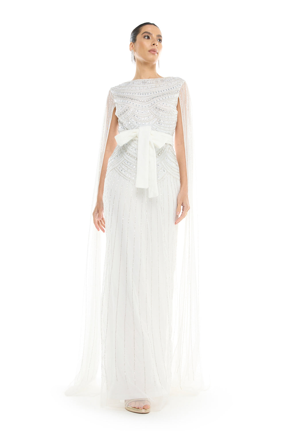 Beaded Cape Sleeve Gown