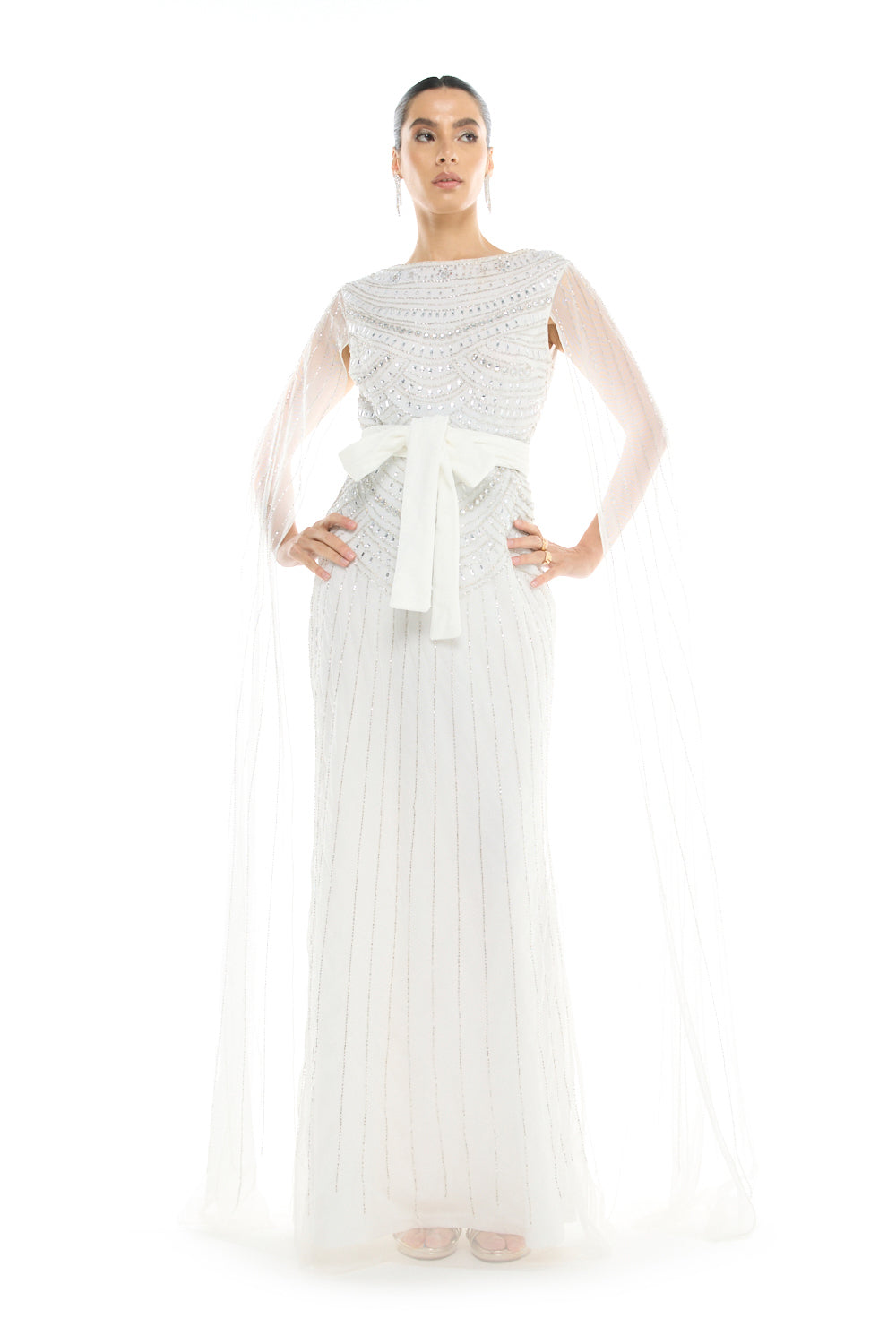 Beaded Cape Sleeve Gown