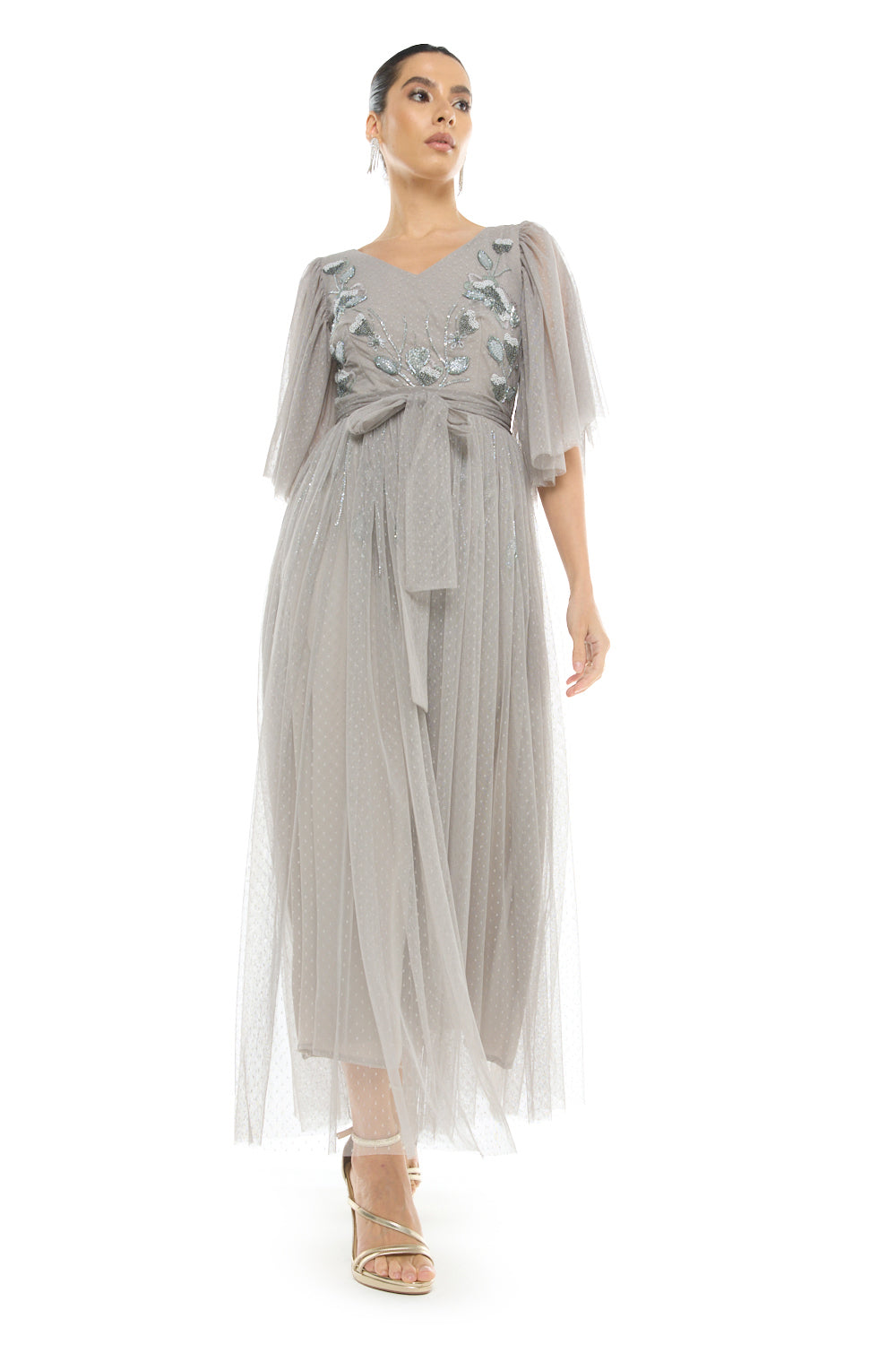 Embroidered Tie Waist Gown