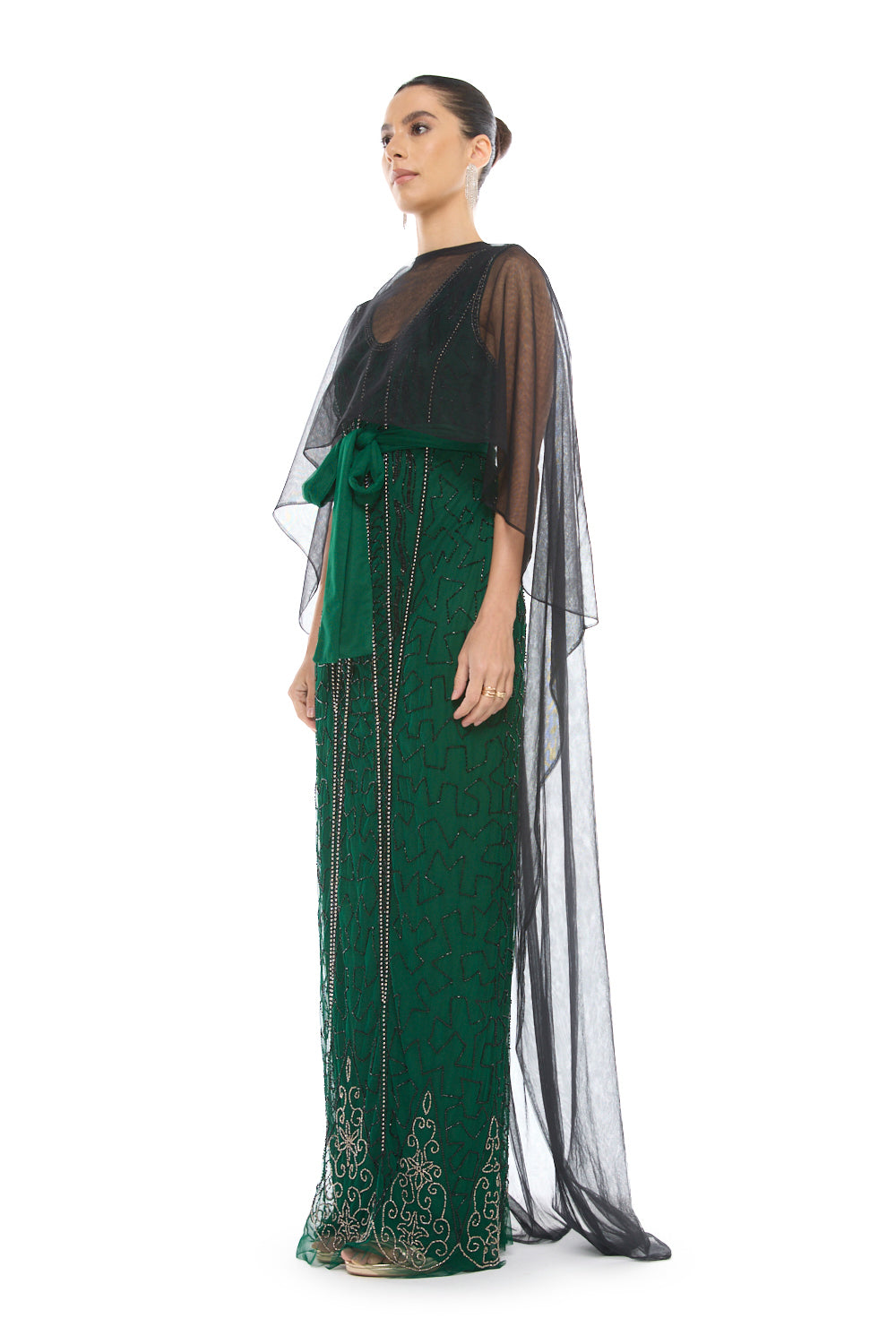 Cape Overlay Belted Gown
