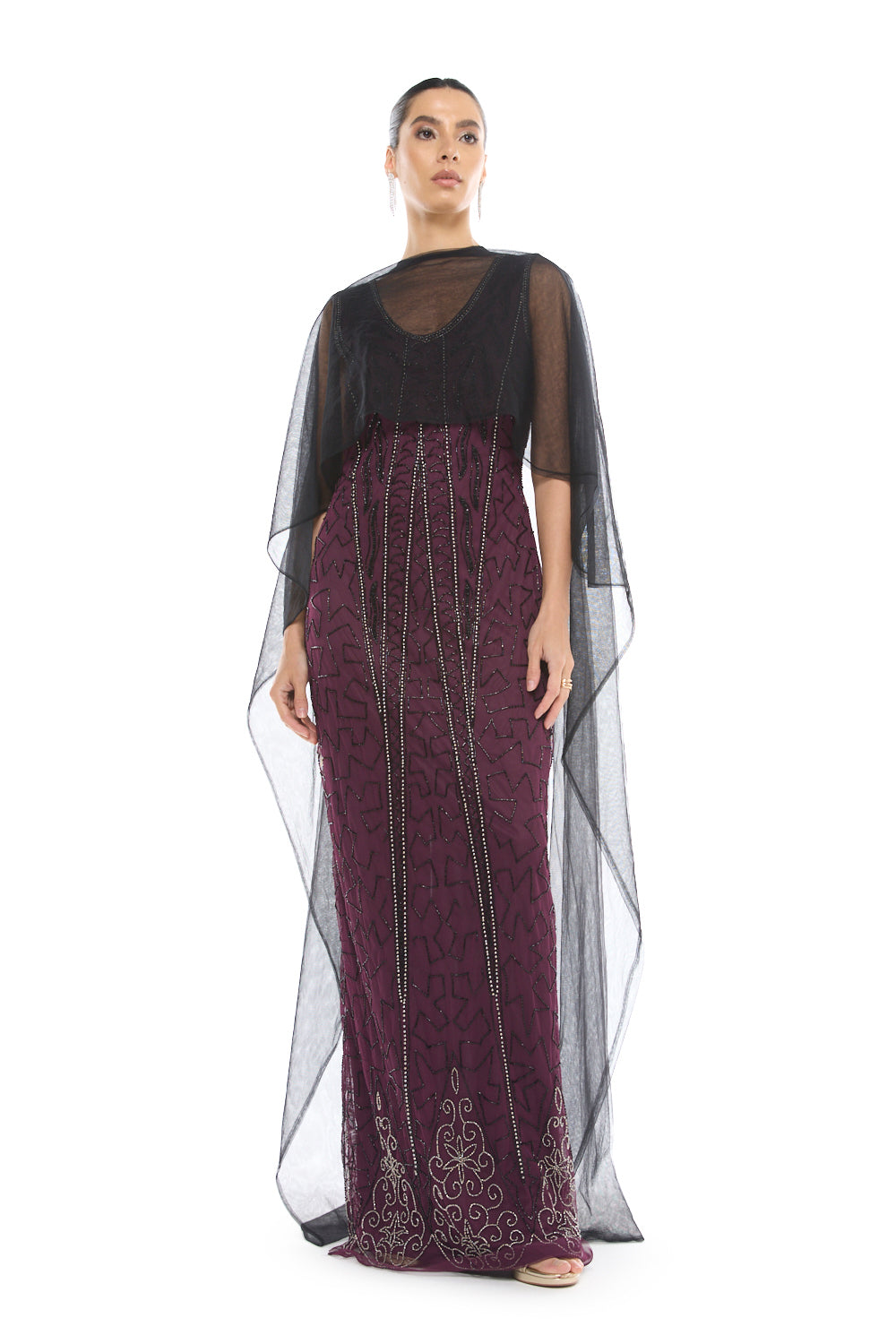 Cape Overlay Belted Gown